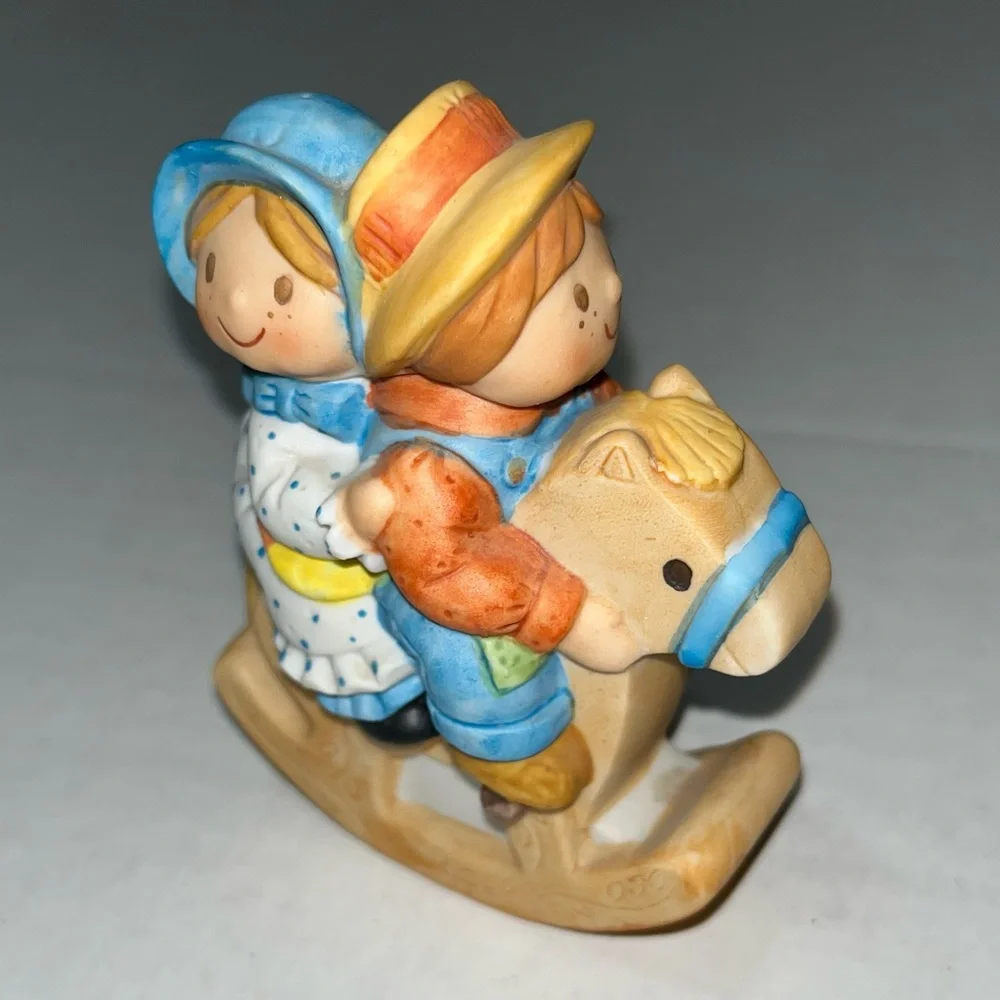 Vintage Holly Hobbie 1981 Figurine Riding a Horse With Brother‎ Robby